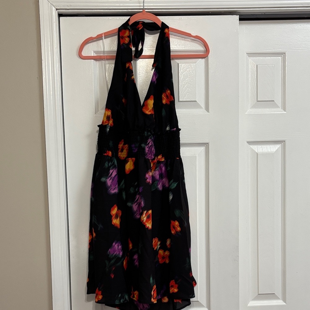 Chic Black Floral Halter Mini Dress